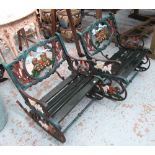 CHILDREN'S GARDEN CHAIRS, a pair, distressed iron with wooden seat on a rocking base, 42cm W.