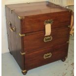 CHEST, Campaign style teak and brass with three long drawers, 67cm H x 62cm x 46cm.