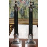 TABLE LAMPS, a pair, green Italian marble and silver plated of Corinthian column form, 58cm H.