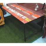 DINING TABLE, contemporary distressed wooden top with iron supports, 201cm L x 89cm W.