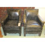 CLUB ARMCHAIRS, a pair, Art Deco design in studded distressed black leather with cushion seats,