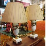 TABLE LAMPS, a pair, white marble with gilt metal mounts and swag detail with silk shades, 57cm H.