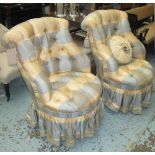 BOUDOIR CHAIRS, a pair, in buttoned cream and grey striped silk, each 100cm H x 75cm D x 65cm W.