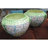 PLANTERS, a pair, with a Victorian floral design in porcelain, 27cm H x 41cm diam.