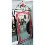 WALL MIRROR, Venetian style with an etched pink border and foliate crest, 140cm H x 72cm.