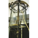 HALL LANTERN, gilt bronze, with etched cylindrical glass panels, approx. 99cm H x 40cm W.