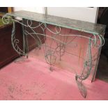 CONSOLE TABLE, mid 20th century iron the granite top on a scrolled blue painted base,