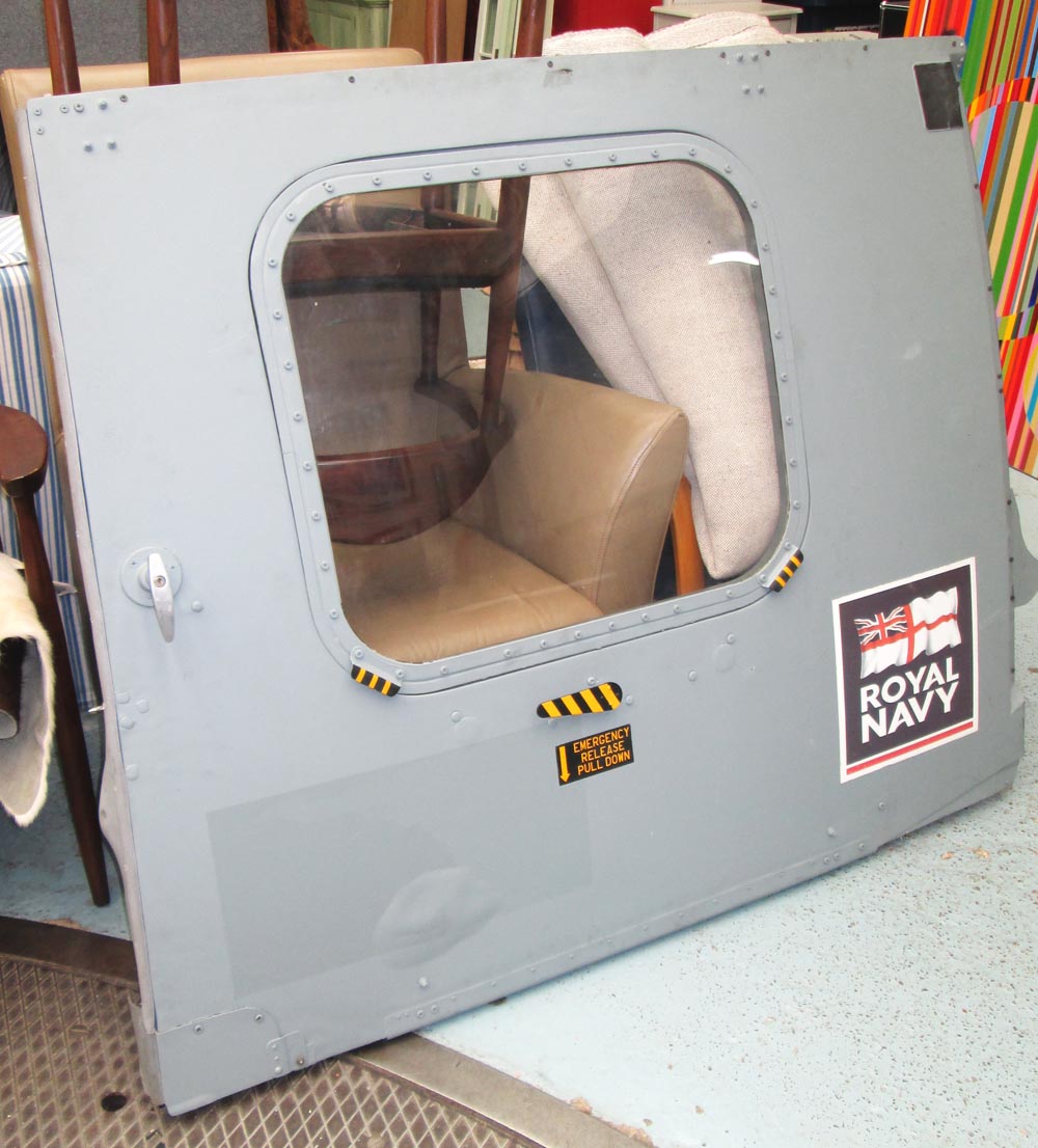 HELICOPTER DOOR, 1960's Westland navy in grey with window, 125cm x 141cm.