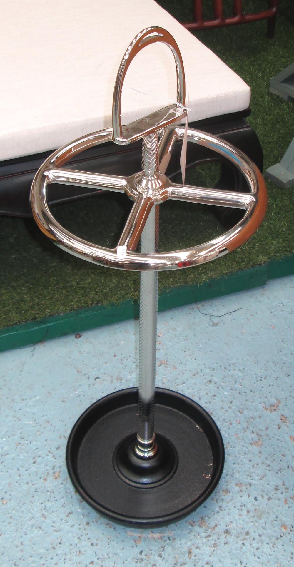 UMBRELLA STAND, in chrome with handle, 80cm H x 30cm diam.