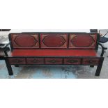 BENCH, Chinese red and black lacquered with gilt detail and five drawers below the seat, 189cm W.