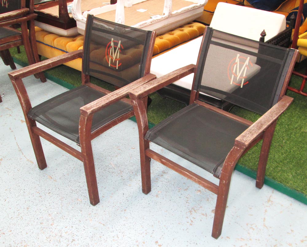 MIDDLESEX COUNTY CRICKET GARDEN CHAIRS, four, teak by Royal Botanica with black net seats,