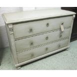 COMMODE, early 19th century French grey painted with three long drawers flanked by fluted pilasters,