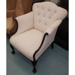 ARMCHAIR, early 20th century mahogany with button back in white fabric on ball and claw feet,