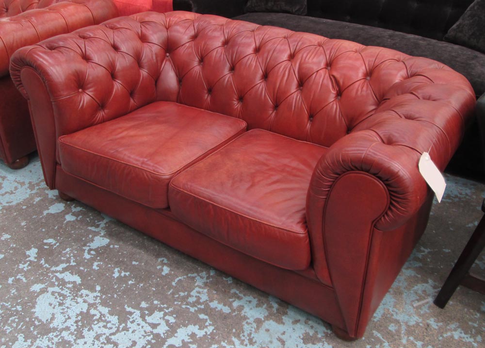 CHESTERFIELD SOFA, two seater, tan buttoned leather, 74cm H x 93cm D x 160cm W.