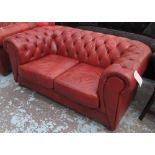 CHESTERFIELD SOFA, two seater, tan buttoned leather, 74cm H x 93cm D x 160cm W.