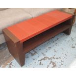 LOW TABLE, with orange leather top, wooden sides and under shelf, manner of Philippe Hurel,