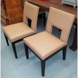 DINING CHAIRS, a set of five, in caramel leather on ebonised square supports,