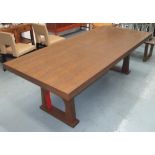 DINING TABLE, rectangular with wooden top and shaped end supports, manner of Christian Liagre,