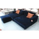 SOFA in blue velvet upholstery of unusual depth,with footstool, 163cm D x 265cm L x 61cm H,