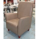 ARMCHAIR, in olive leather on square supports, 83cm W.