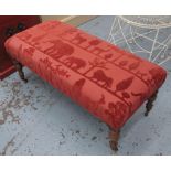 FOOTSTOOL, covered in burgundy animal pattern fabric, 40cm H x 103cm L x 45cm D.