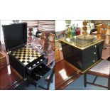 CHESS SET, in a black ebonised box with gilt edging and two drawers below, 33cm x 33cm x 28cm H.