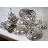 CRUET STAND, Victorian silver plate fitted six bottled (three with silver tops),