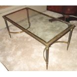 LOW TABLE, 1950's French with a rectangular glass top on a brass and steel base,