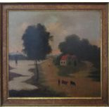 19TH CENTURY SCHOOL, 'River Scene with Cattle', oil on board, unsigned, 50cm x 60cm, framed.