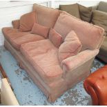 SOFA, traditional George Smith style, in a patterned roast beef coloured fabric, (labels lacking),