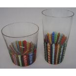 MURANO GLASS TUMBLERS, two sets of eight, all with coloured stem decoration, 13cm H and 10cm H.