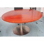 DINING TABLE, extending circular with four fold down flaps on a steel base, 151cm diam x 74cm H.