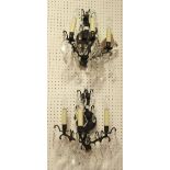 WALL LIGHTS, a pair, each with three lighting arms hung with facetted glass drops, 34cm H.