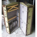 CABIN TRUNK, early 20th century green canvas with leather bindings and fitted interior,