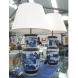 TABLE LAMPS, a pair, Chinese style, in blue and white, shades included, 79.5cm H.