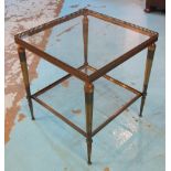 SIDE TABLE, two tier, 1950's French, the glass top on a brass frame, 40cm W x 40cm D x 45cm.