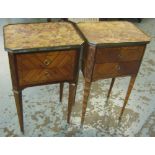 TABLES DE NUIT, a pair, Louis XVI style tulipwood each with quartered veneers, marble tops,