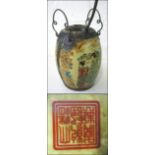 OPIUM POT, Oriental ceramic with decorative metal mounts, decorated courtesans in colours, 13.