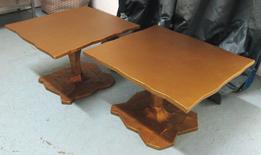 SIDE TABLES, a pair, contemporary with gold finish, 60cm x 66cm x 45cm H.