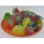 MURANO PLATTER OF FRUIT AND VEGETABLES, variously coloured glass, 35cm diam.