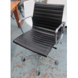 EAMES STYLE DESK CHAIR, in ribbed leather on chromed metal support, 58cm W.