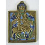 RUSSIAN ICON, 20th century cast brass and coloured enamel.