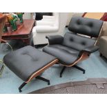 LOUNGE CHAIR, Eames style in black on bentwood frame on swivel metal support,