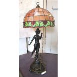 TIFFANY STYLE LAMP, glass shade, spelter figure of a lady, 86cm H.