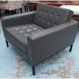 ROBIN DAY ARMCHAIR, in buttoned grey leather on black metal supports, 80cm x 80cm x 72cm H.