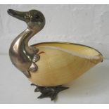 DUCK BONBONIERE, formed from an Indian Ocean conch shell with silver coloured metal mounts,