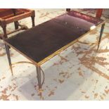 LOW TABLE, French 1950's brass and patinated metal with a rectangular verre noir glass top,