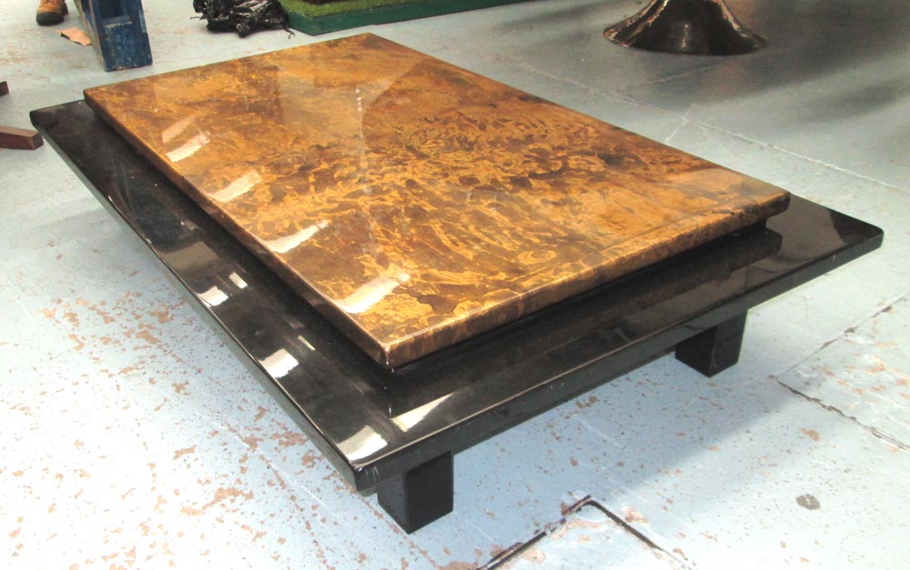 LOW TABLE, the gold patterned central section on a black high gloss base, 140cm W x 90cm D x 27cm H.