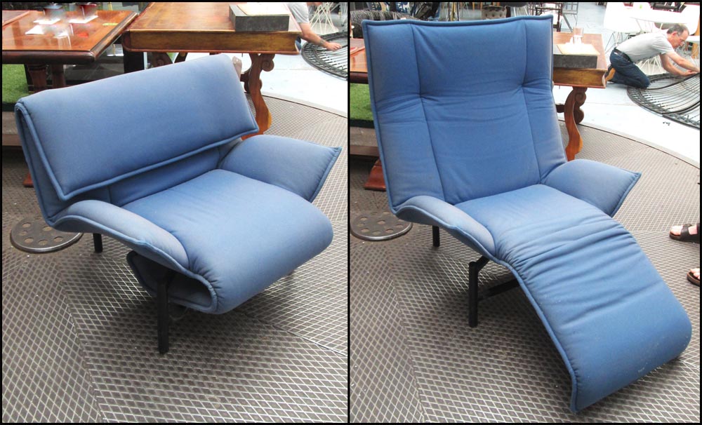 ARMCHAIR/LOUNGER, in blue fabric 'Veranda' model designed by Vico Magistretti, 91cm W.