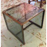 SIDE TABLE, 1960's French, brass framed with tinted glass sides and top, 46cm D x 46cm W x 39cm H.